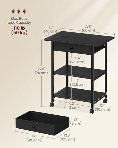 VASAGLE Printer Stand, Rolling Printer Cart, Under Desk Table, Mobile with Lockable Wheels, Steel Frame, for Home Office, 2 Storage Shelves Removable Drawer, 3-Tier, Ebony Black UOPS007BE01S