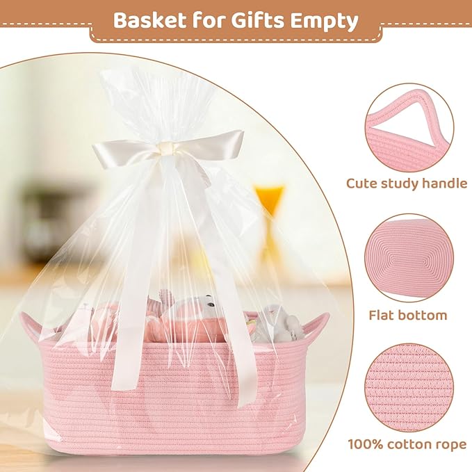 Large Empty Gift Baskets for Baby Shower, 16.5" L x 12.6" W x 7" H Cute Woven Storage Basket with Gift Bags and Ribbons, Small Rope Toy Basket with Handles, Cat Dog Pet Toy Organizer - Pink