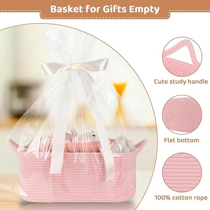 Large Empty Gift Baskets for Baby Shower, 16.5" L x 12.6" W x 7" H Cute Woven Storage Basket with Gift Bags and Ribbons, Small Rope Toy Basket with Handles, Cat Dog Pet Toy Organizer - Pink