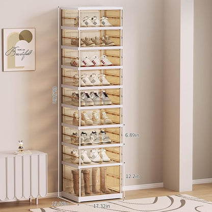 Foldable Collapsible Shoe Box Organizer Rack – 9 Tier Stackable Clear Sneaker Storage Boxes with Lids, Folding Shoe Cabinet Shelf, Plastic Portable Storage Bins with Easy Assembly for Closet Entryway