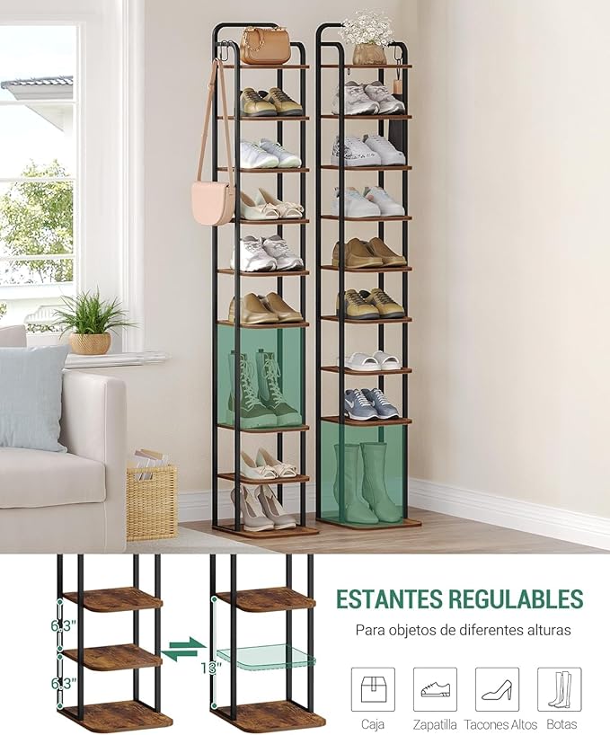 10 Tiers Vertical Shoe Rack, Narrow Shoe Tower, Tall Shoes Shelf with 2 Hooks, Adjustable Shelves, Corner Shoes Shelves for Small Spaces, Entryway, Living Room, Rustic Brown SR11201B