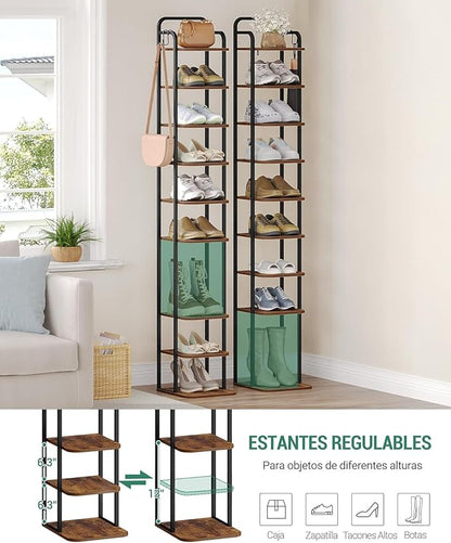10 Tiers Vertical Shoe Rack, Narrow Shoe Tower, Tall Shoes Shelf with 2 Hooks, Adjustable Shelves, Corner Shoes Shelves for Small Spaces, Entryway, Living Room, Rustic Brown SR11201B