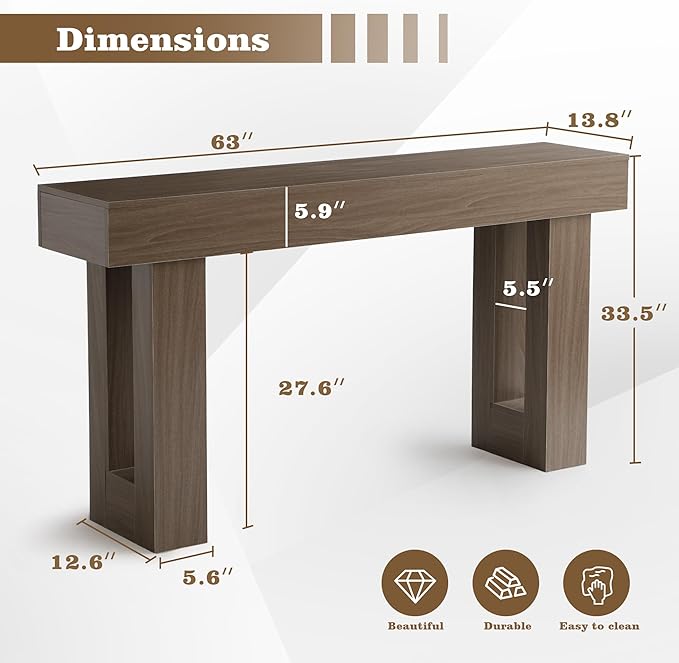Depeht 63" Long Entryway Console Table, Wooden Farmhouse Sofa Behind Couch Table with Thickened Base, Large Industrial Hallway Accent Furniture for Living Room, Entrance, Foyer, Hallway (Oak)