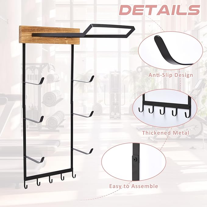 Geelin Yoga Mat and Ball Holder Wall Mount, 4 Tiers Yoga Mats and Ball Storage Rack, Home Gym Accessories Organizer, Black Metal Floating Shelf & 5 Hooks for Hanging Foam Rollers and Resistance Bands