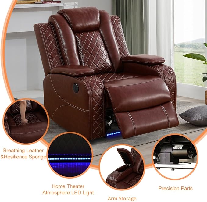 Brown Leather Power Recliner Chairs, Two Reclining Sofa Chairs with Comfortable Armrest and Backrest, Living Room Furniture Sets with LED Home Theater Seating for Living Room, Bedroom
