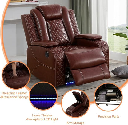 Brown Leather Power Recliner Chair, Power Living Room Furniture Sets with LED, Reclining Chair with Center Console, Storage,Cup Holders,Recliner Couch for Living Room, Meeting Room,Brown