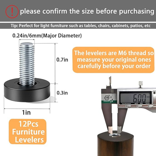 M6 Thread Leveling Feet, 12 PCS Furniture Levelers, Adjustable Furniture Feet Threaded Screw in, Table Levelers for Adjusting Individual Chair Legs