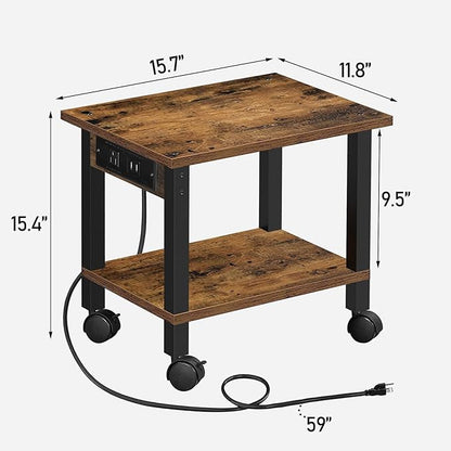 TUTOTAK 2 Tier Printer Stand, Rolling Printer Cart with Power Outlets and USB Ports, Mobile Printer Table with Wheels, for Under Desk, Office, Home,Brown PS01BB001