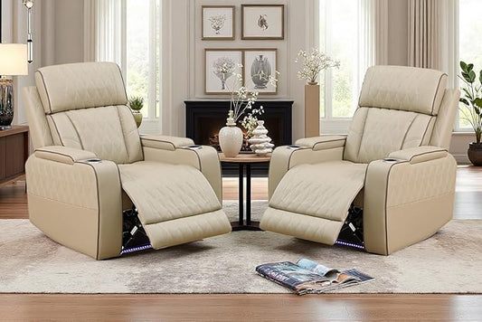 Khaki Leather Living Room Furniture Set,Power Theater Recliner Chair with Arm Storage and LED Lights, Reclining with Power Headrest and Cup Holders for Living Room/Home/Office