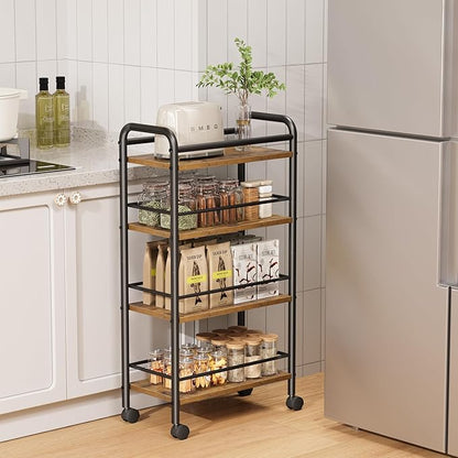 Slim Storage Cart, 4-Tier Small Rolling Cart with Wheels, 9.1" Deep, Narrow Bathroom Shelf Trolley for Kitchen, Bathroom, Laundry Room, Rustic Brown Large 4-Tier (9.1" W x 33.6" H)