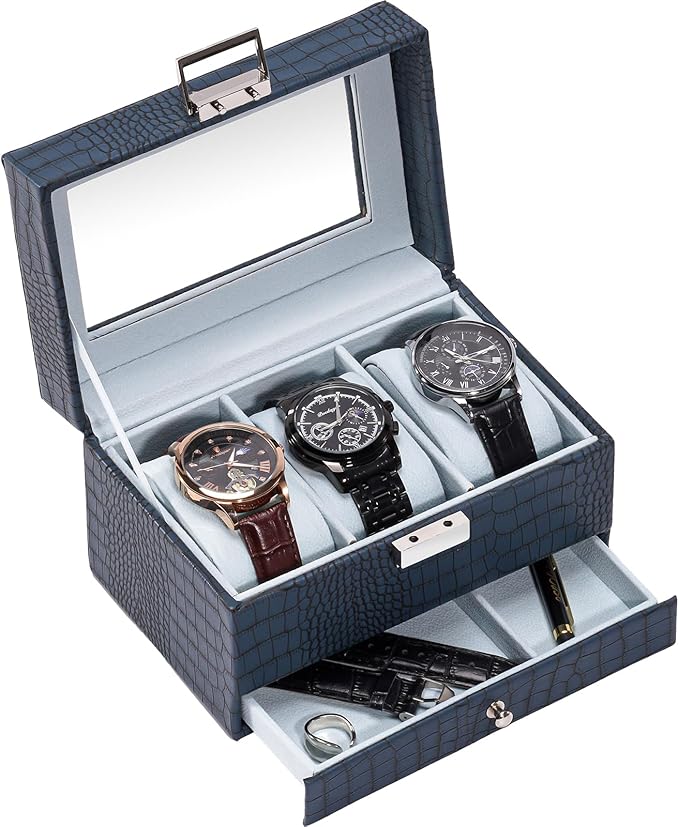ProCase Watch Box, 3 Slot Watches Display Case with Drawer, Mens Watch Case with Glass Lid, 2-Layer Mens Jewelry Organizer Storage Holder, Birthday Valentine Gifts for Men-3 Slot, CrocCobaltBlue