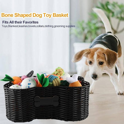 Pet Dog Toy Basket,Dog Bone Shape,Wicker Storage Bin for Dog Cat Toys with DIY Tag,Dog Toy Organizer Holder Boxes for Living Room,Handmade Poly Wicker Basket