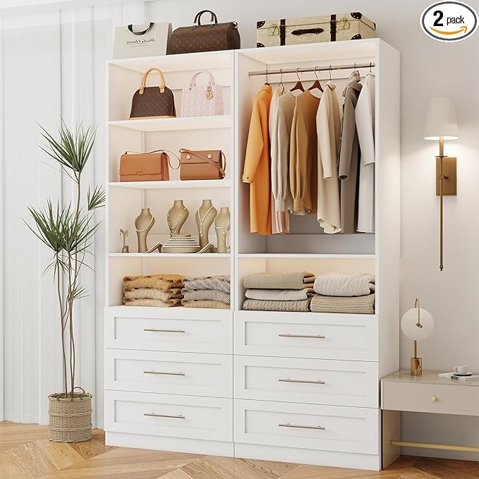 Closet System with 6 Drawers, Wood Closet Organizer System, Walk-in Closet or Small Closet System with Shelves, Modular Closet Systems with 3 Expandable Hanging Rods, 2 Sets, White (4FT)