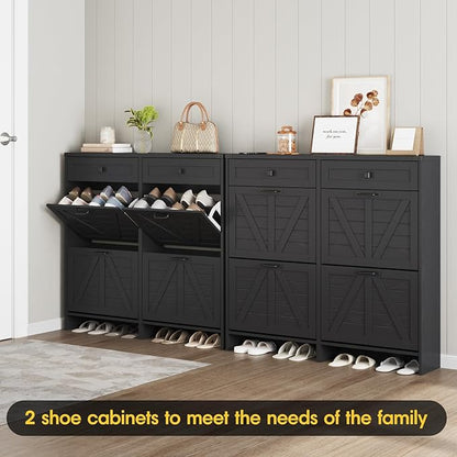 Shoe Cabinet with 4 Flip Drawers & 2 Drawers,Farmhouse Shoe Storage Cabinet for Entryway,Slim Freestanding Organizer Rack for Front Door Entrance,Black