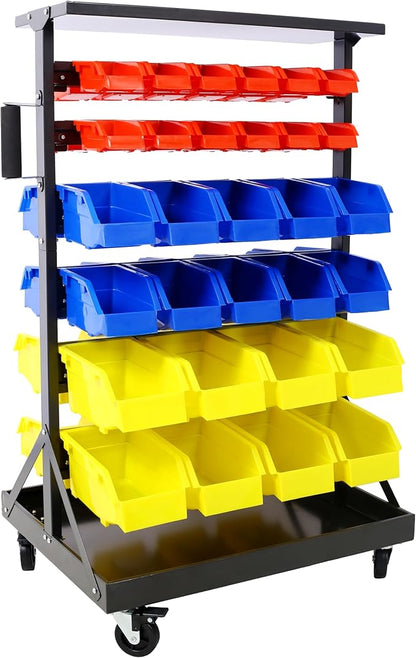 Montary 60 Parts Bin Shelving Storage Organizer with Locking Wheels, 6-Tier Dual-Sided Rolling Steel Shelf 350 lbs Capacity, for Shop Garage and Home