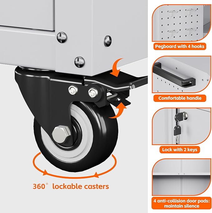 Aobabo 31.5' H Metal Rolling Storage Cabinet, Locking Steel Storage Cabinet on Wheels with Pegboards and 4 Hooks, for Office, School, Home, Library, White, Assembly Required