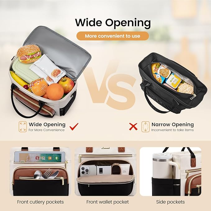 LOVEVOOK Insulated Lunch Bag Women,Wide Opening Adult Lunch Box Women,Large Leakproof Cooler Bag for Work Picnic Beach Family College,Lunch Teacher Tote Bag with Adjustable Shoulder Strap Cup Holder