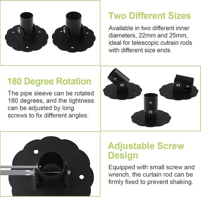 Flower-Shape Shower Curtain Rod Bracket, 2Pcs Telescopic Metal Shower Drape Rod Swivel Flange Curtain Pole Wall-Mount Bracket (Black, 22mm & 26mm)