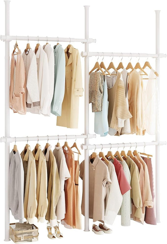 Floor to Ceiling Clothes Rack, Heavy-Duty Telescopic Garment Rack, 43–122in Height & 30–47in Width, 220lbs Total Load Capacity, 4-Pole, White