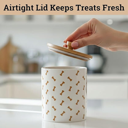Dog Treat Container Airtight - 5 Inch Wide x 6.4 Inch Tall Ceramic Dog Treat Jar for Kitchen Counter with Airtight Bamboo Lid - 4 Cup Capacity Pet Treats Container - Doggie Cookie Jar Treats Canister