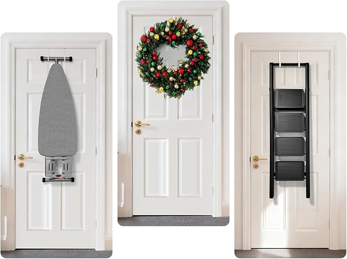 Over The Door Metal Hooks with Plastic Coating 5.5" Fit 0.5" to 2" Wide Door 4 Pcs Heavy Duty Single Towel Robe Rack Wreath Bathroom Shower Hanger Shoe Organizer Ironing Board Short White