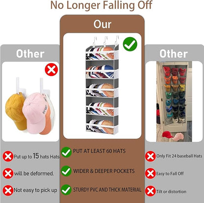 Over the Door Hat Organizer & Rack - Holds 60 Baseball Caps, Hat Storage for Closet Door Wall with 10 Clear Mesh Pockets, Grey