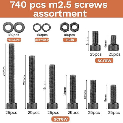 740 Pcs M2.5 Screws Kit M2.5 Screw Assortment Nuts and Bolts Assortment Kit Metric Machine Screw Kit, 12.9 Alloy Steel Black Zinc Plated Hex Socket Head Screws Nuts Bolts and Washers Set