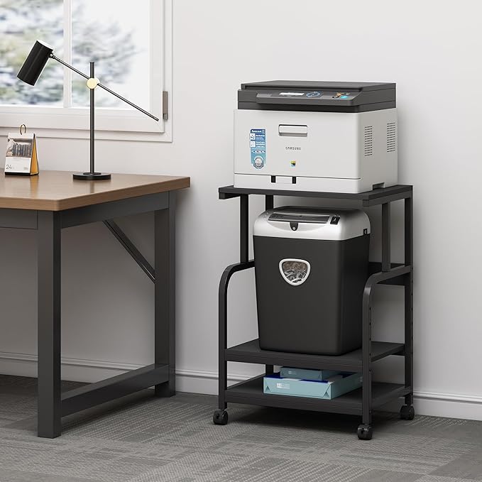 Printer Stand, 3 Tier Printer Table with Height Adjustable Storage Shelf, Rolling Printer Cart with Wheels for Home Office Organization, Black
