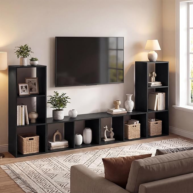 Giantex 2-Cube Bookcase, Cubby Bookshelf w/Back Guardrail & Anti-Tipping Kits, 3-Tier Freestanding Storage Organizer with Shelves, Open Back Display Rack for Living Room, Bedroom, Black