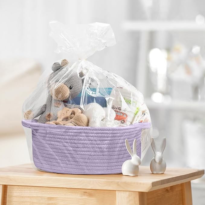 Small Woven Gift Basket, Baskets for Gifts Empty, Cotton Rope Cat Dog Toy Bin Box, Nursery Baby Basket, Wicker Basket with Handles, Shelf Storage Basket for Home Decor, Purple, 12"x 8"x 5"