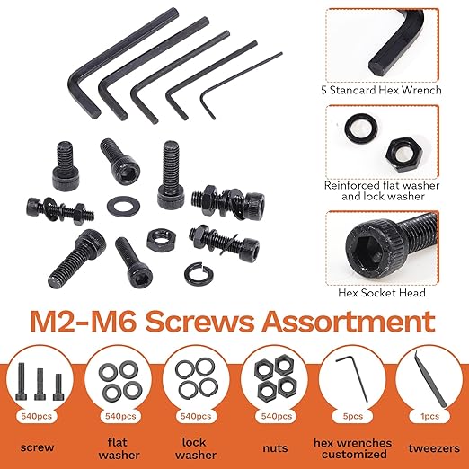 2160 Pcs Metric Screw Assortment Metric Bolts M2 M3 M4 M5 M6 Nuts and Bolt Kit, 12.9 Alloy Steel Black Zinc Plated Hex Socket Head Screws Nuts Bolts and Washers Set