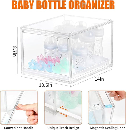 YESGIRL 2 Packs Clear Baby Bottle Organizer,Clear Stackable Acrylic Storage With Drawer for Countertop Cabine Storage Station Case Box Container for Nipples Pump Parts Food Jars