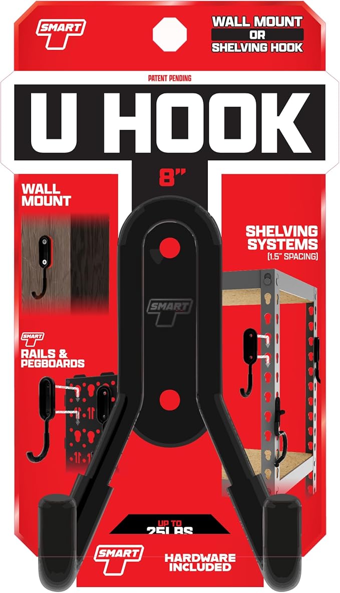 Smart T Garage Storage Wall Hook | 8" U-Hook for Garage Organization, Heavy Duty Organizer Wall Mount or Shelving Hooks