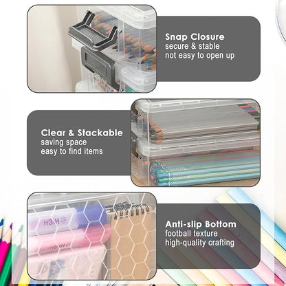 BTSKY 6-Pack Large Stackable Pencil Boxes with Handles, Transparent Pencil Case with Latching Lids & Clasp, Plastic Pencil Box Stationery Organizer Box Ideal for Craft Pen Art Office Supply, Grey