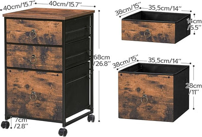 HOOBRO 3-Drawer Mobile File Cabinet, Vertical Filing Cabinet, Under Desk Cart with Drawers for Home Office, Rolling Printer Stand, A4/Letter-Sized, Fabric Drawer, Rustic Brown BF30WJ01