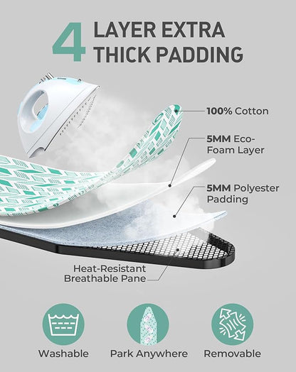 LyriFine Ironing Board, 2-in-1 Flat and Hanging Board, Sturdy Steel Frame Iron Board with Non-Slip Feet, Heat Resistant Cover Iron Board, Foldable Ironing Board Full Size with Hook, 14″ x 43″ Green