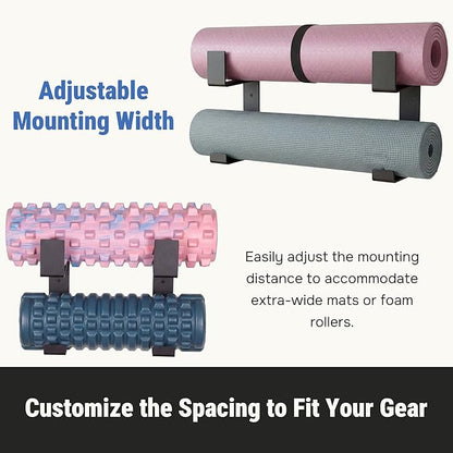 Yoga Mat Holder with Protective Padding Wall Mount Steel Storage Rack, 2 Tier Adjustable Width Hanger for up to 4 Foam Rollers, Easy Installation