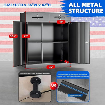 INTERGREAT Metal Garage Storage Cabinets with Lock,Steel Storage Cabinet with 2 Doors and 2 Adjustable Shelves, Small Lockable Office Steel Cabinet for Home, Warehouse, School(Black)