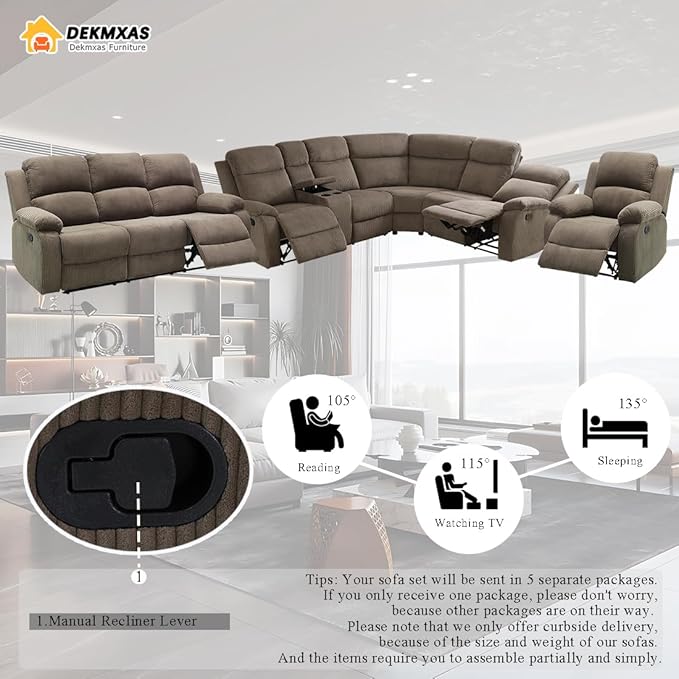5PCS Brown Manual Reclining Sectional Sofa Set with Cup Holders, Living Room Furniture Sets, Corduroy Sectional Couches and Sofa Chair with 5 Recliner Seats, Drop-Down Table, Storage Console