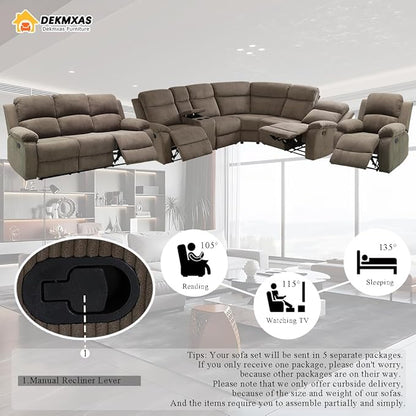 5PCS Brown Manual Reclining Sectional Sofa Set with Cup Holders, Living Room Furniture Sets, Corduroy Sectional Couches and Sofa Chair with 5 Recliner Seats, Drop-Down Table, Storage Console