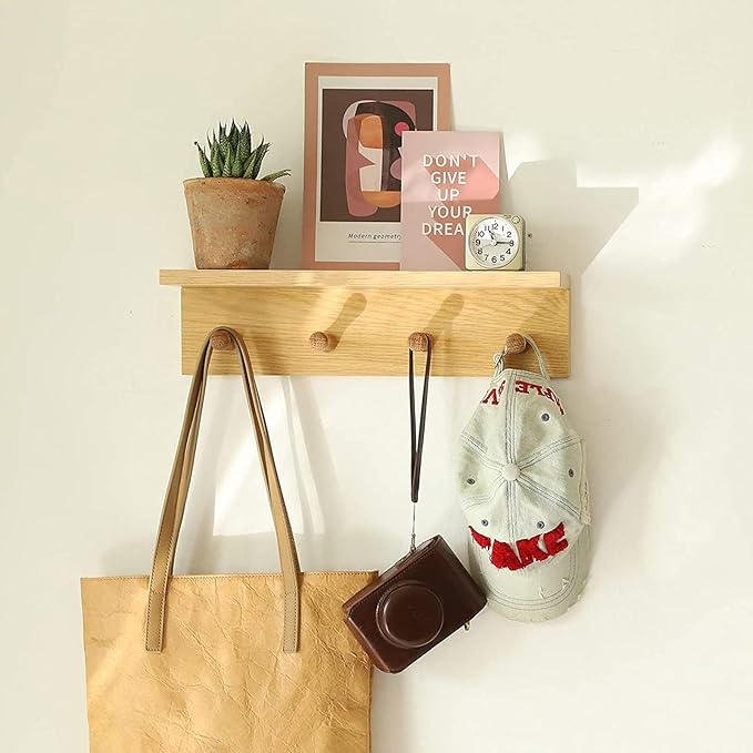 Entrance Coat Rack ，Coat Hooks, Wall-Mounted Wooden Hook Rack, Wall-Mounted Shelves are Very Suitable (Oak Colored Finish—A-1)