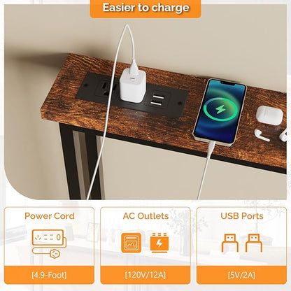 VINGLI 39" Console Table with Charging Station, 5.9" Narrow Sofa Table Behind Couch, Entryway Table with Power Outlet & 4.9 Ft Extension Cord & Adjustable Feet, for Living Room, Hallway, Rusitc Brown