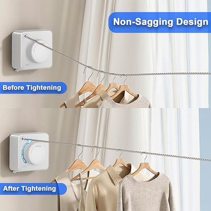 Retractable Clothesline Indoor, Non-Sagging Outdoor Clothes Drying Line Retracting Heavy Duty Clothes Drying Laundry Line Wall Mounted Stainless Steel Line - 15.6 Feet (1, White)