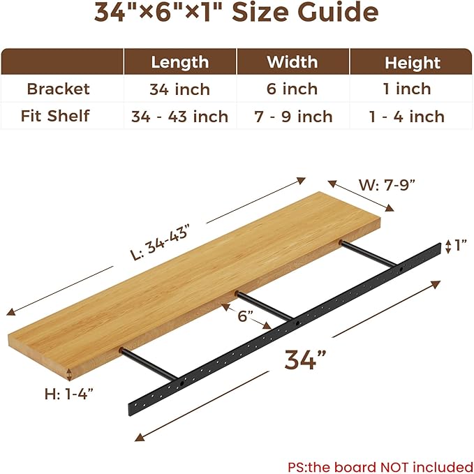 2pcs Floating Shelf Bracket Heavy Duty Floating Mantel Bracket Black Metal Decorative Floating Shelf Hardware Hidden Shelving Mounting Brackets (34″X6″X1″)