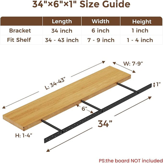 2pcs Floating Shelf Bracket Heavy Duty Floating Mantel Bracket Black Metal Decorative Floating Shelf Hardware Hidden Shelving Mounting Brackets (34″X6″X1″)