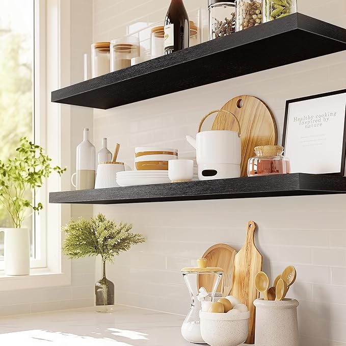 AMADA HOMEFURNISHING Floating Shelves, 32″ Large Wall Mounted Shelves for Bathroom, Bedroom, Living Room, Kitchen, Office, Hanging Shelf for Wall Décor Storage, Set of 2, Black