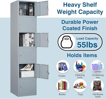 Metal Locker Cabinet with 6 Doors, 71" Storage for Employees, 6 Tier Steel Locker with Lock and Keys for School, Gym, Home, Office Staff (Grey)