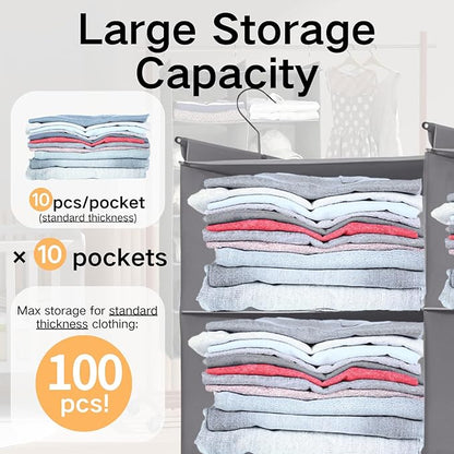 Grey 5-Tier Hanging Closet Storage Organizer - Space-Saving Dual-Row Foldable Shelves with 3 Hooks, Wardrobe Organizer for Dorm, Bedroom, Clothes and Accessories