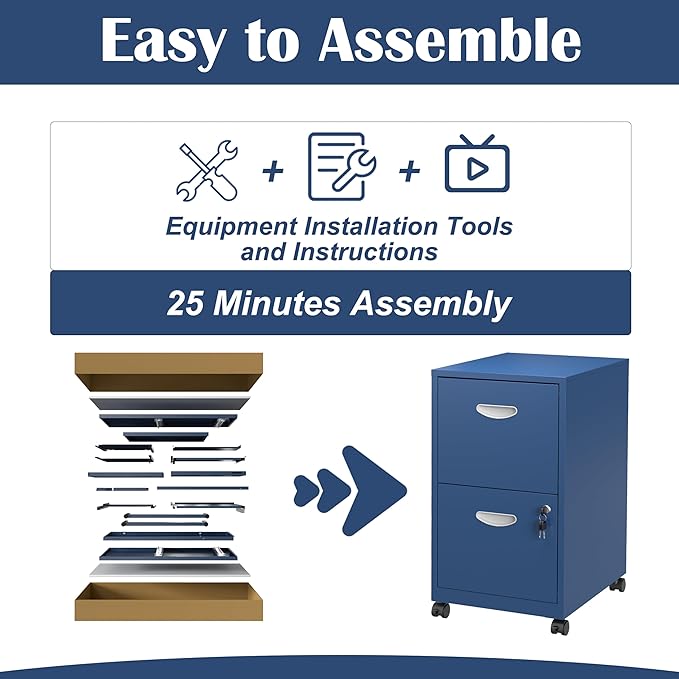 2 Drawer File Cabinet with Lock,Blue Rolling File Cabinet for Home Office,Printer Stand, Metal Small Mobile Filing Cabinets on Wheels for Hanging Letter