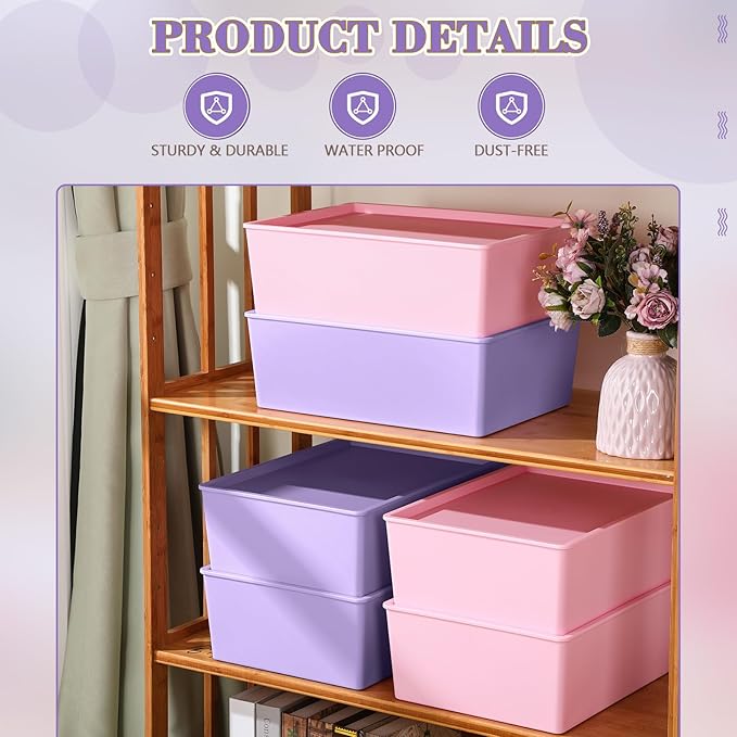 Menkxi 6 Pcs Large Plastic Storage Bins with Lids 14.4 x 10.4 x 5.1 Inch Stackable Storage Containers Decorative Cubby Organizer for Clothes Shelves Garage Closet Office (Pink, Purple)